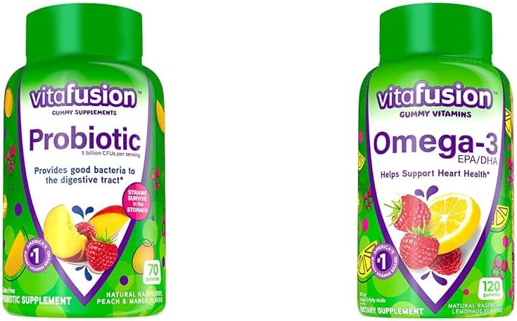Vitafusion Probiotic Gummy Doplnky, Malina, Peach a Mango Chute & Omega-3 Gummy Vitamíny, Berry Lemonade Ochutené, Srdce Zdravé Vitamíny(1) s Omega