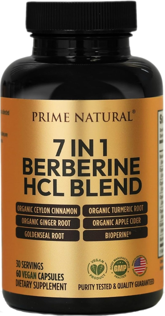 PRIME Natural Berberine HCl 600mg Organic Ceylon škorica 400mg Organic Turmeric 200mg Organic Ginger 130mg Organic Apple Cider Vinegar 65mg Goldenseal Root 6,5mg Bioperine 3mg 