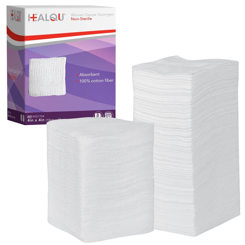 HEALQUE 4x4 Gauze Pads - 12 Ply Tkané balenie 200 - Ultra Absorbent Soft non-Sterile chirurgické spongá pre ránové obliekanie, debridement, čistenie a príprava