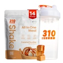 310 Nutrition All-in-One Replacement Shake Powder w/Shaker Cup Starter Kit - High Protein Fiber Rich Vegan Superfood Blend - bez cukru, Keto & Paleo Friendly, Low Carb - Caramel Sundae 14 srv
