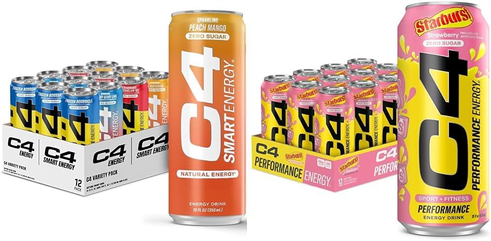 C4 Energy & Smart Energy Drinks Variety Pack, pred tréningom bez cukru Drink & C4 Energy Drink, STARBURST Strawberry, Carbonated Sugar Free Pre Workout Performance Drink