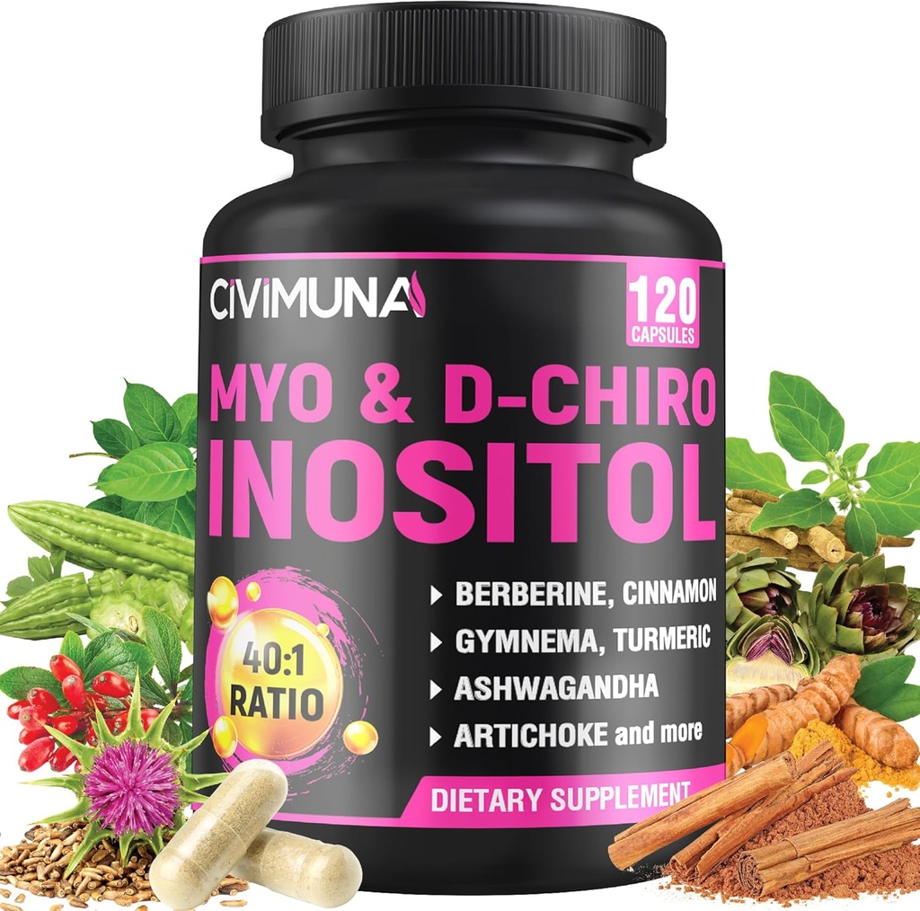 Inozitol Supplement - Myo-Inositol a D-Chiro Inositol Plus Ashwagandha, Berberine, škorica a 5 Viac - 120 kapsúl