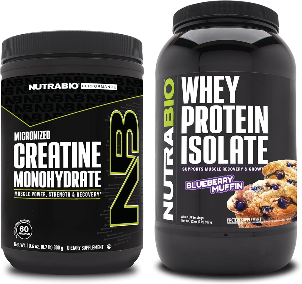 NutraBio Creatin Monohydrát, Neochutený, 300g a srsť proteín izolát, čučoriedková muffin, doplnok Bundle - svalová energia, Lean svalového rastu, zotavenie, a sila