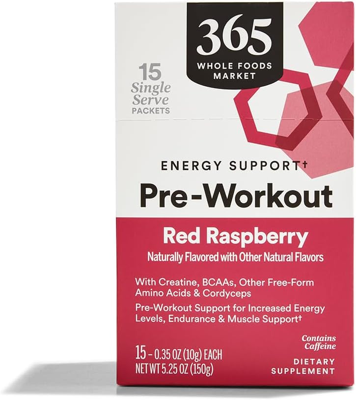 365 podľa trhu s celými potravinami, podpora energie pred tréningom s kofeínom, single-Serve pakety, červená malina, 15 Počet