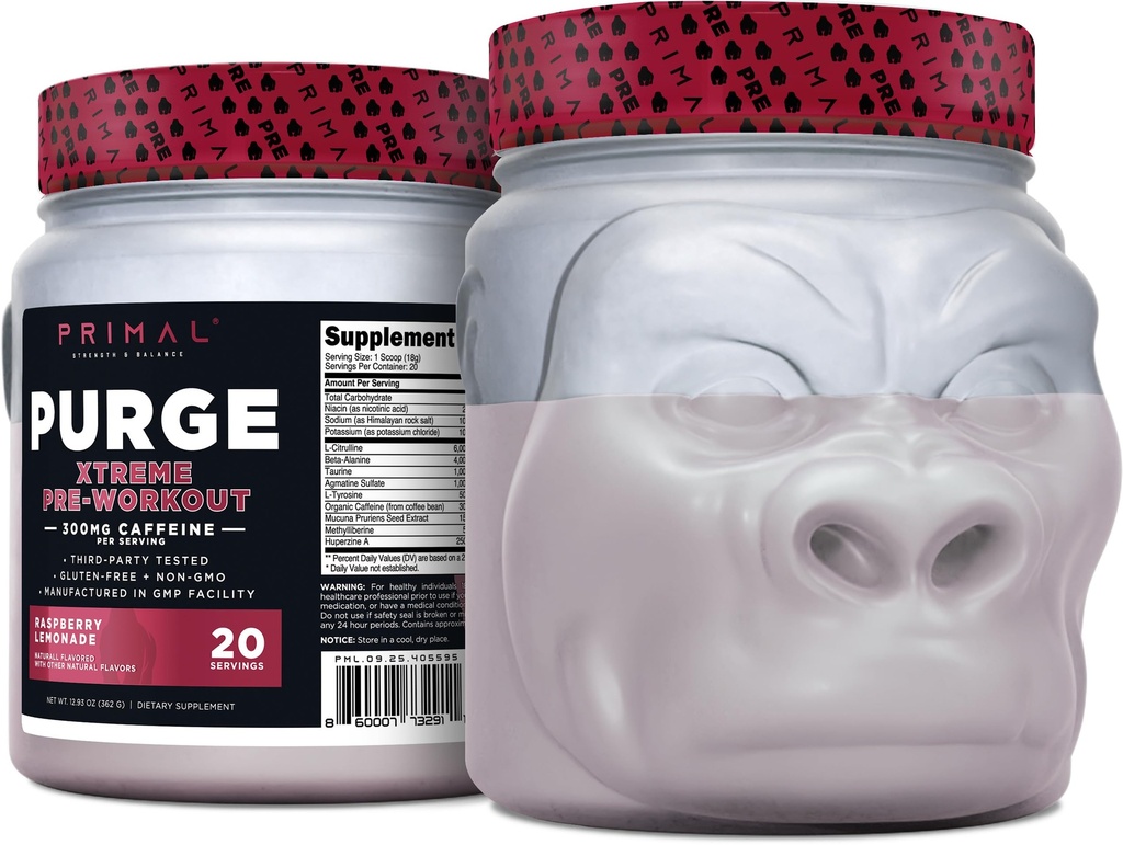 Primal Purge Xtreme pre-práce (Raspberry Lemonade Flavor) (20 Servings) - Gluten-Free + Non-GMO