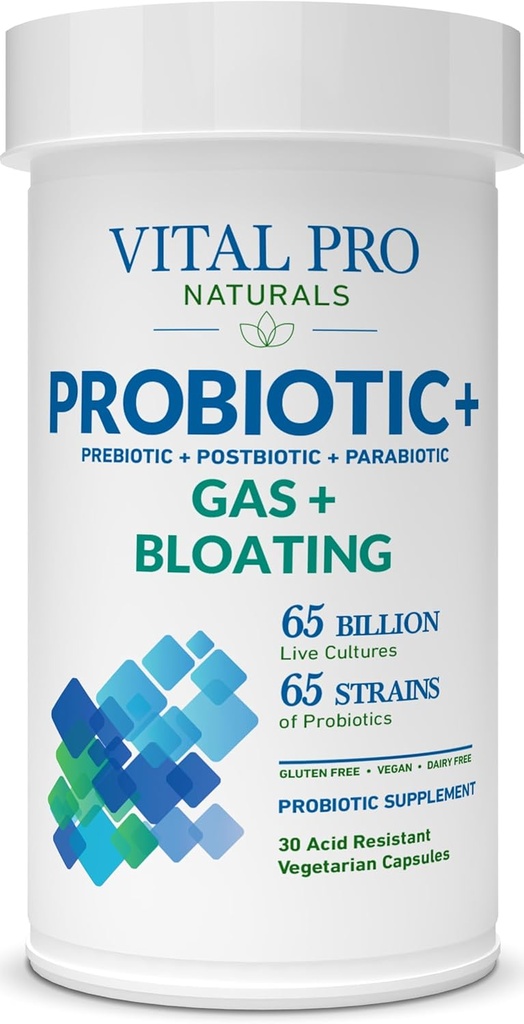Vital Pro Naturals - Gas & Bloating Probiotics + Prebiotiká, Postbiotiká, Parabiotiká, 4-in-1 Zdravie Doplnkové pre dospelých, Vysoká potencie, 65 Kmene, Raz denne Tráviace a Imunitná podpora, 30 ot