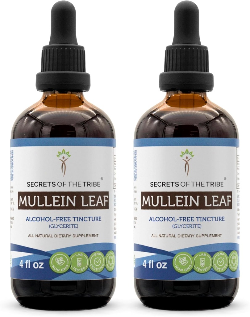 Secrets of the Tribe Mullein Leaf Bezalkoholový tekutý extrakt, Mullein (Verbascum thapsus) Tincture Supplement (2x4 FL OZ)