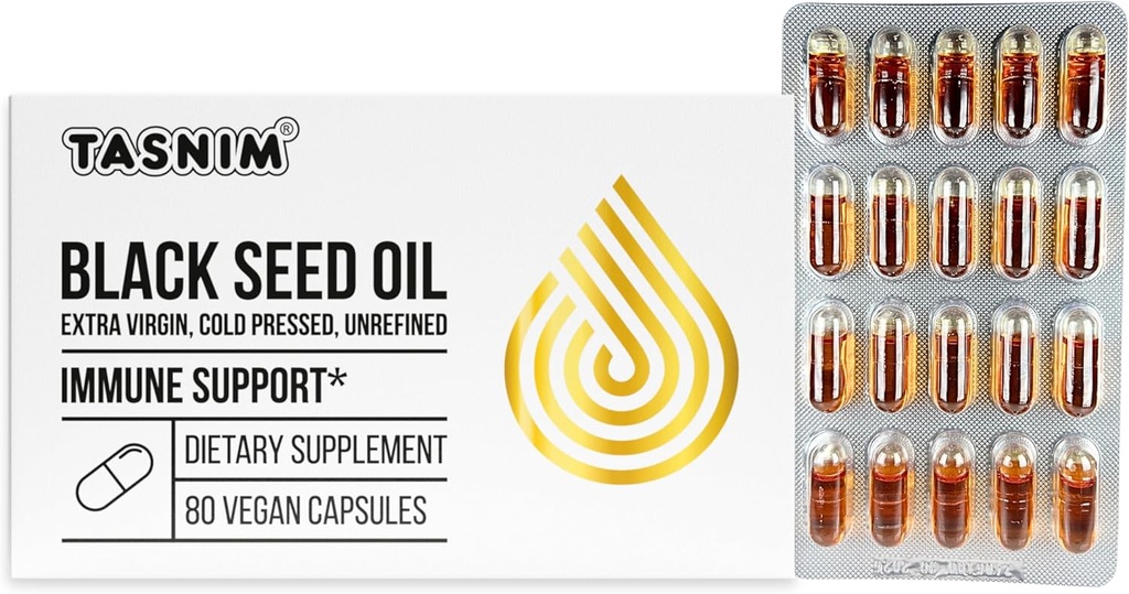 Tasnim Black Seed Oil Organic Cold Pressed Kapsule 100% Pure Cold-Pressed Black Cumin Seed Oil Nigella Sativa pre imunitnú podporu, Spoločné pohodlie a vitality