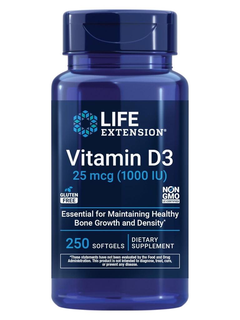 Predĺženie života Vitamín D3 25 mcg (1000 IU), Podpora imunitného systému, zdravie kostí, celobodové zdravie, veľkosť hodnoty, bezlepkové, bez GMO, 250 mäkkých gélov