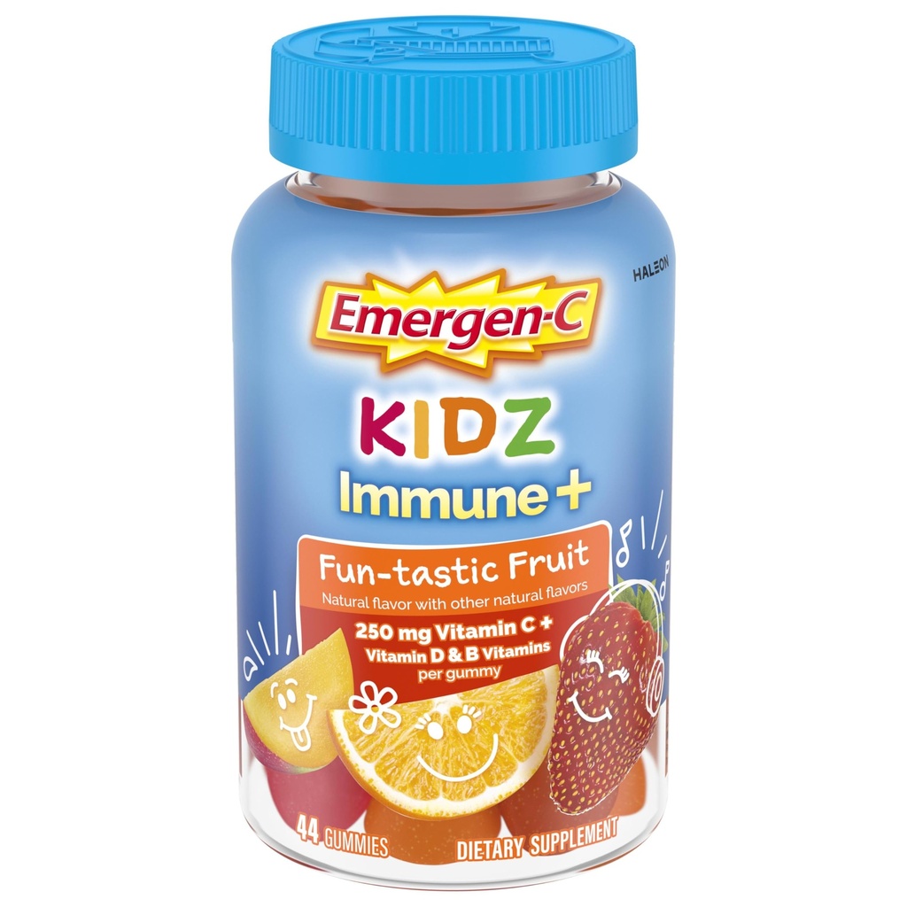 Emergen-C Kidz vitamín C Imunitná podpora Gumičky Fun-Tastic Fruit 44CT zahŕňa zinok, mangán, B Vitamíny a vitamín D pre Späť do školy Základné