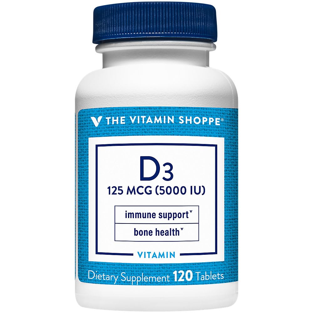 Vitamín Shoppe Vitamín D3 5000IU Softgel, podporuje kostné a imunitné zdravie, pomáha pri raste buniek a vstrebávaní vápnika, bez lepidla a jedenkrát denne Formula (120 tabliet)