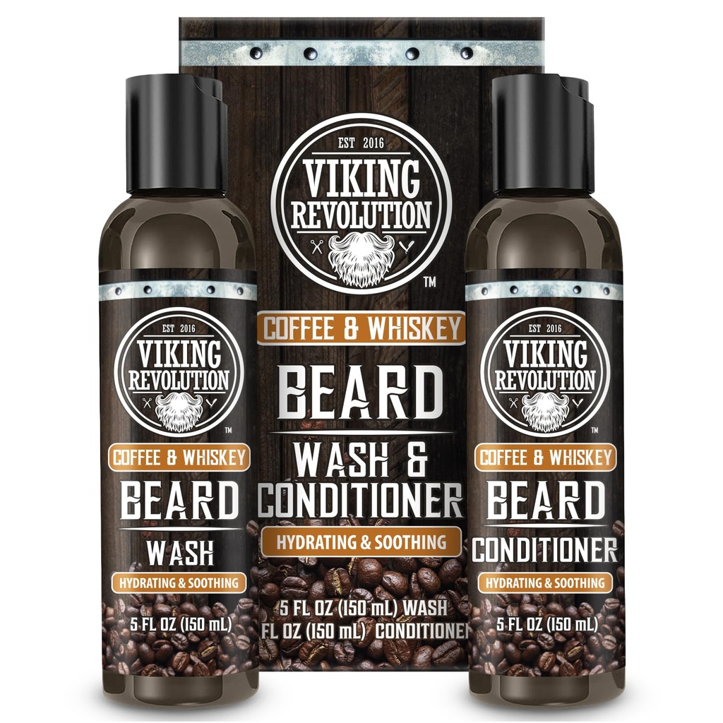 Viking Revolution Beard Wash and Beard Conditioner pre mužov s arganovým olejom a Jojobovým olejom - Zmäkčovač a spevňovač starostlivosti medvedí šampón a kondicionér s koreňom ženšenu (5oz, Coffee Whiskey)
