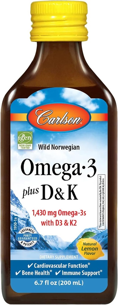 Carlson - Omega-3 + D & K, 1430 mg omega-3s, 2000 IU (50 μg) D3, 90 μg K2 ako MK-7, zdravie srdca, podpora kostí, citrón, 200 ml