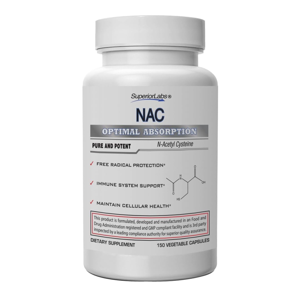 Superior Labs NAC (N-Acetyl Cysteine) 1 200 mg, 150 Rastlinné kapsuly, Dietary Supplement with Selenium, Free Radical Protection, Normal Immune System Function, udržuje bunkové zdravie