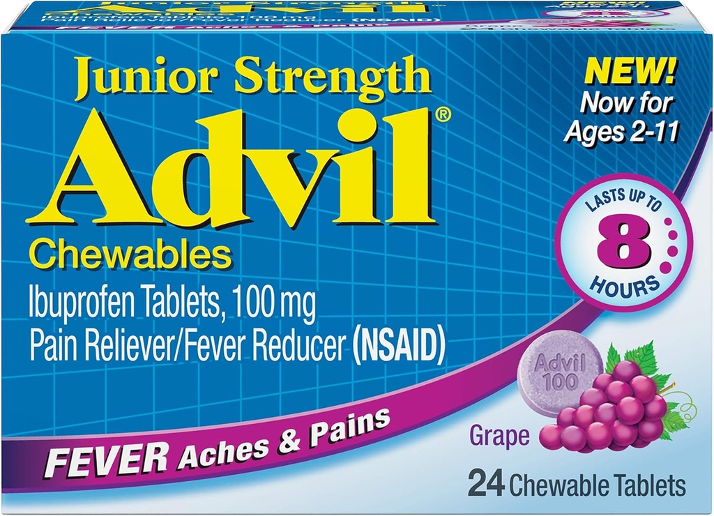 Advil Junior Chewable Ibuprofen Tablety, Hrozno 100mg, 24 Tablety Každá (Súprava 6)