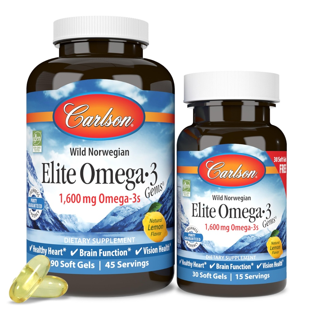 Carlson - Elite Omega-3 Gems,1600 mg Omega-3 mastné kyseliny vrátane EPA a DHA,Norwegian, Wild-Caught fish oil Supplement,Udržateľne zdrojové kapsule, citrón, 90+30 Softgels