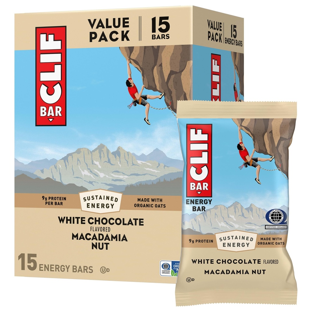 CLIF BAR - Energetické proteínové tyčinky - Biela čokoláda Macadamia Nut - Vyrobené z organického ovosu - energetické tyčinky - non-GMO - (15 balení)