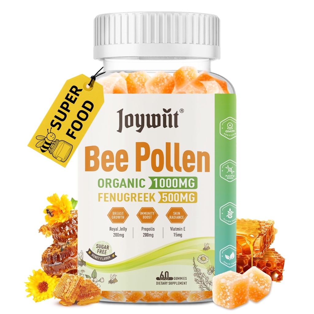 Včelí peľ 1000mg Sugar Free Gummies, w/Fenugreek, Royal Jelly, Propolis, Organic Bee Pollen Chewable Supplement for Women, Rich in Vitamin E, Imunity & Skin Care, 60 Counts