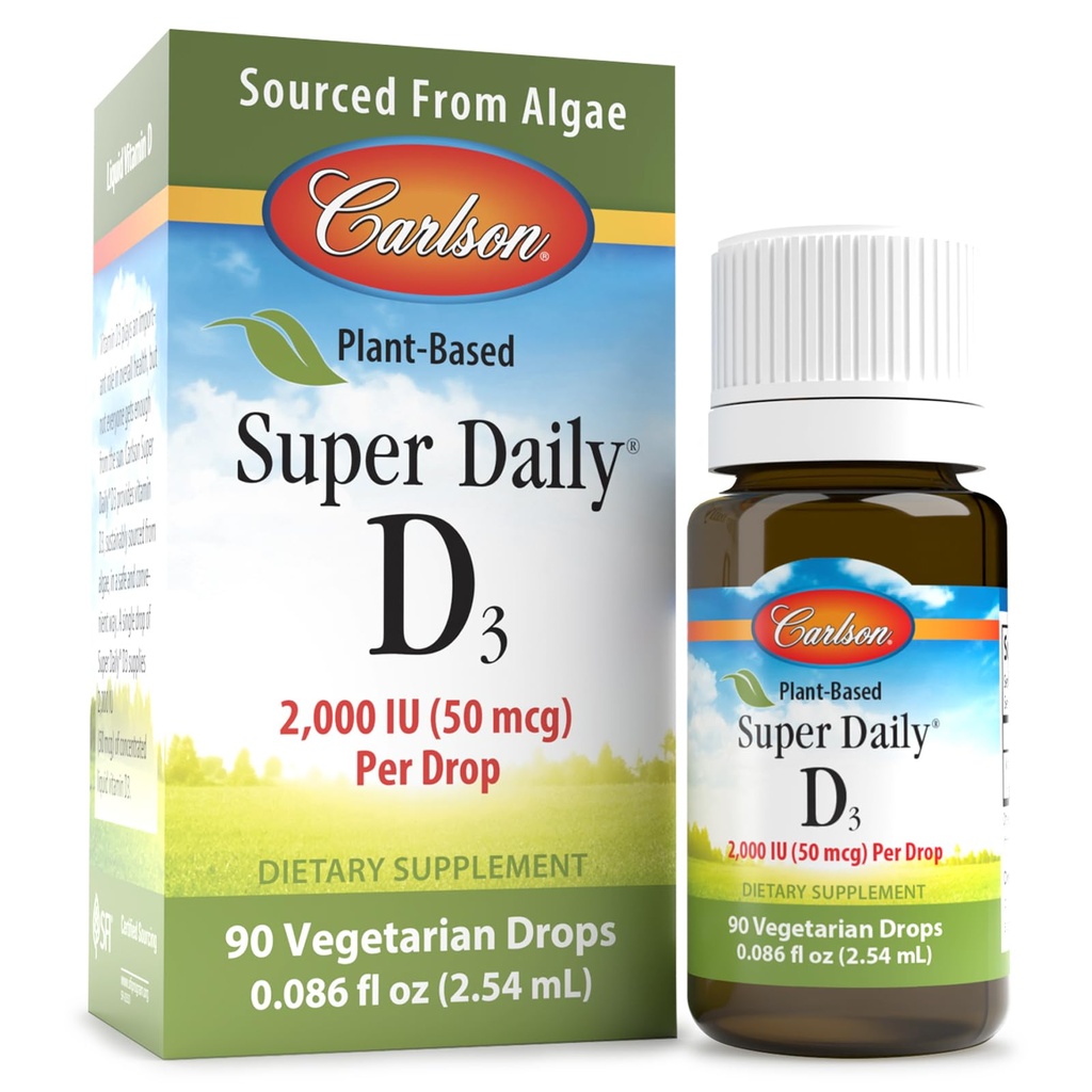 Carlson - Plant-Based Super Daily D3 2000 IU (50 μg) na kvapku, Vegetariánske vitamín D kvapky, Tekutý vitamín D3, Zdroj z Algae, Unflavred, 90 Kvapky (2,54 ml)