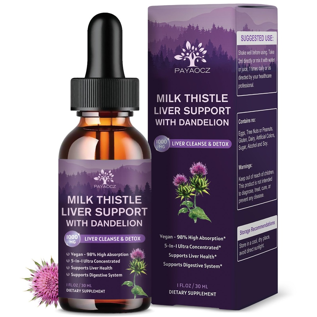 (2 balenia) Milk Thitle Liquid Drops Silymarin 1000mg, Liver Supplement Detox & Clean with Dandelion & Artičok, Milk Thitle Organic Extract for Support Repair Liver Health, Vegan, Non-GMO, 1 Fl Oz