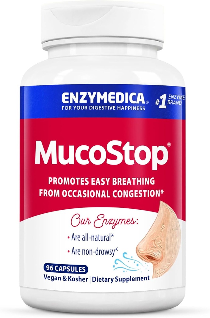 Enzymedica, MucoStop, Natural Enzyme Supplement, Relieves Seasonal or Occasional Congestion, Supports Easy Breathing, 96 Count