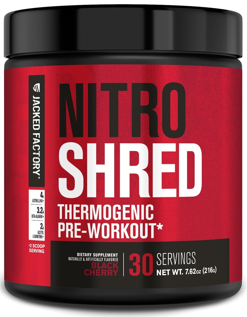 Jacked Factory NITROSURGE Shred Pre Cvičenie doplnok - Energy Booster, Instant Strength Zisky, Sharp Focus, Výkonné čerpadlá - Posilňovač oxidu dusnatého a preWorkout Powder - 30Sv, Čierna Cherry