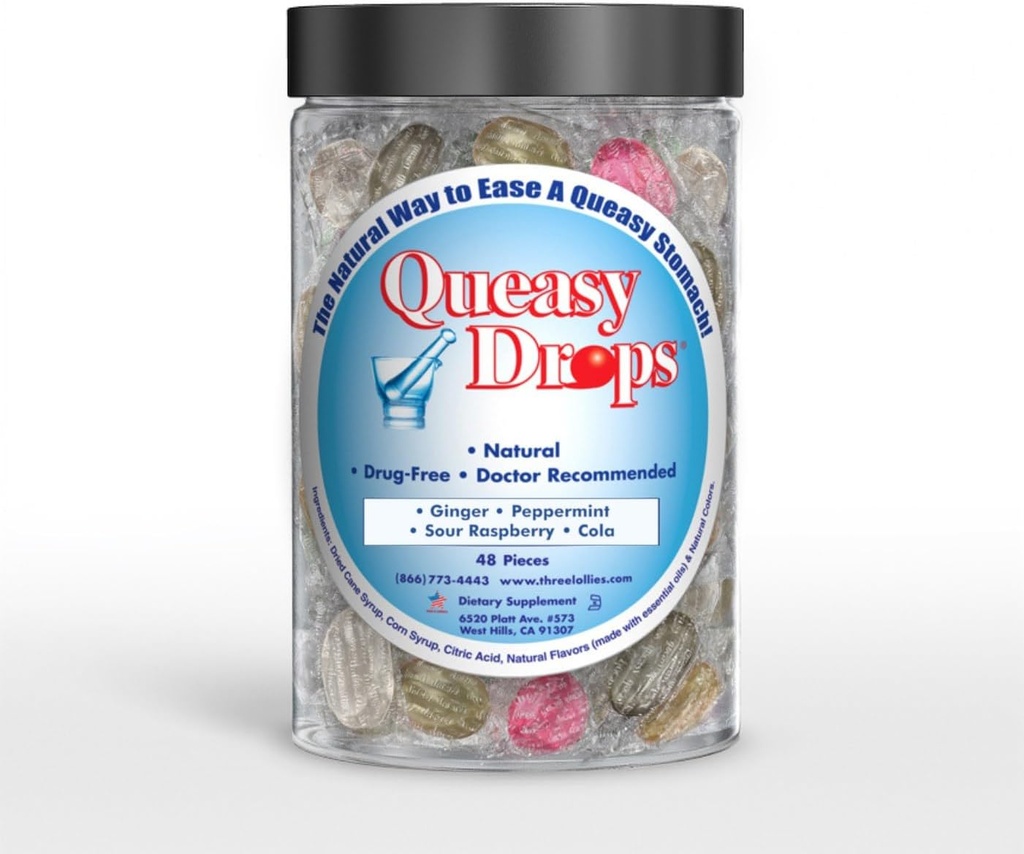 Tri lollies Queasy Drops- podporuje pohyb Choroba úľavu. Tiež tehotenstvo a ranná choroba úľava. Kvapky na upokojenie žalúdka sú početné 48