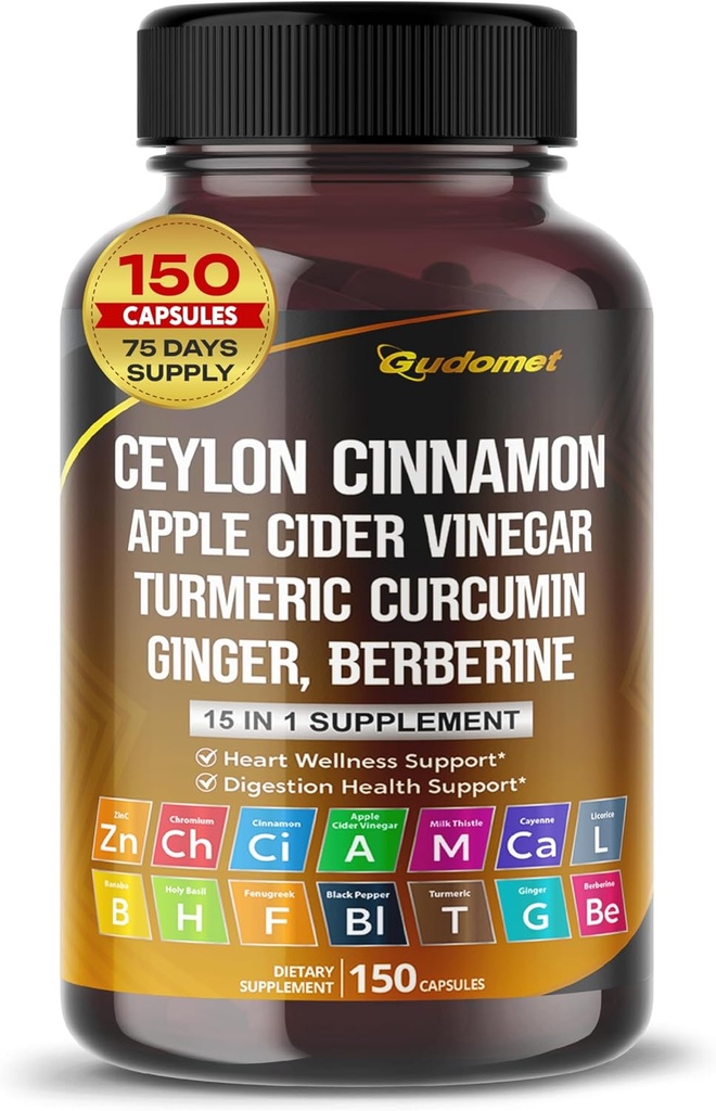 Ceylon škorica Jablko Cider Ocot Turmerica Zázvor Berberine Gymnema sylvestre Milk Thistle Licorice -150 Kapsule- Made in USA