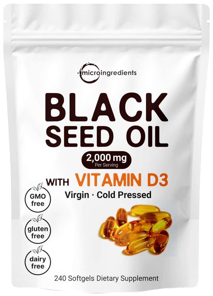 Micro Ingrediencie Black Seed Oil 2000 mg s vitamínom D3 1000 IU, 240 Softgels 