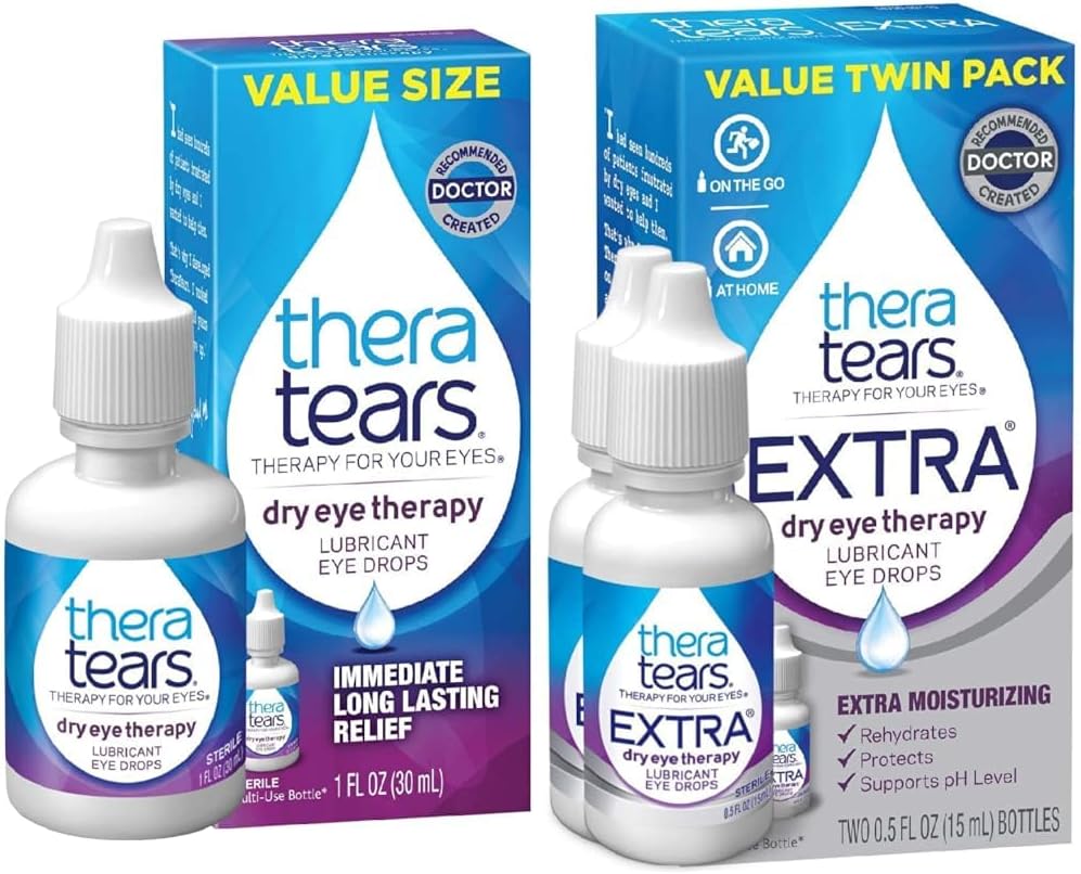 TheraTears Suché očné terapie očné kvapky pre suché oči, 1,0 Fl Oz a extra suché očné terapie Mazacie očné kvapky pre suché oči, 0,5 fl oz fľaša, 2 gróf [balík po 1)