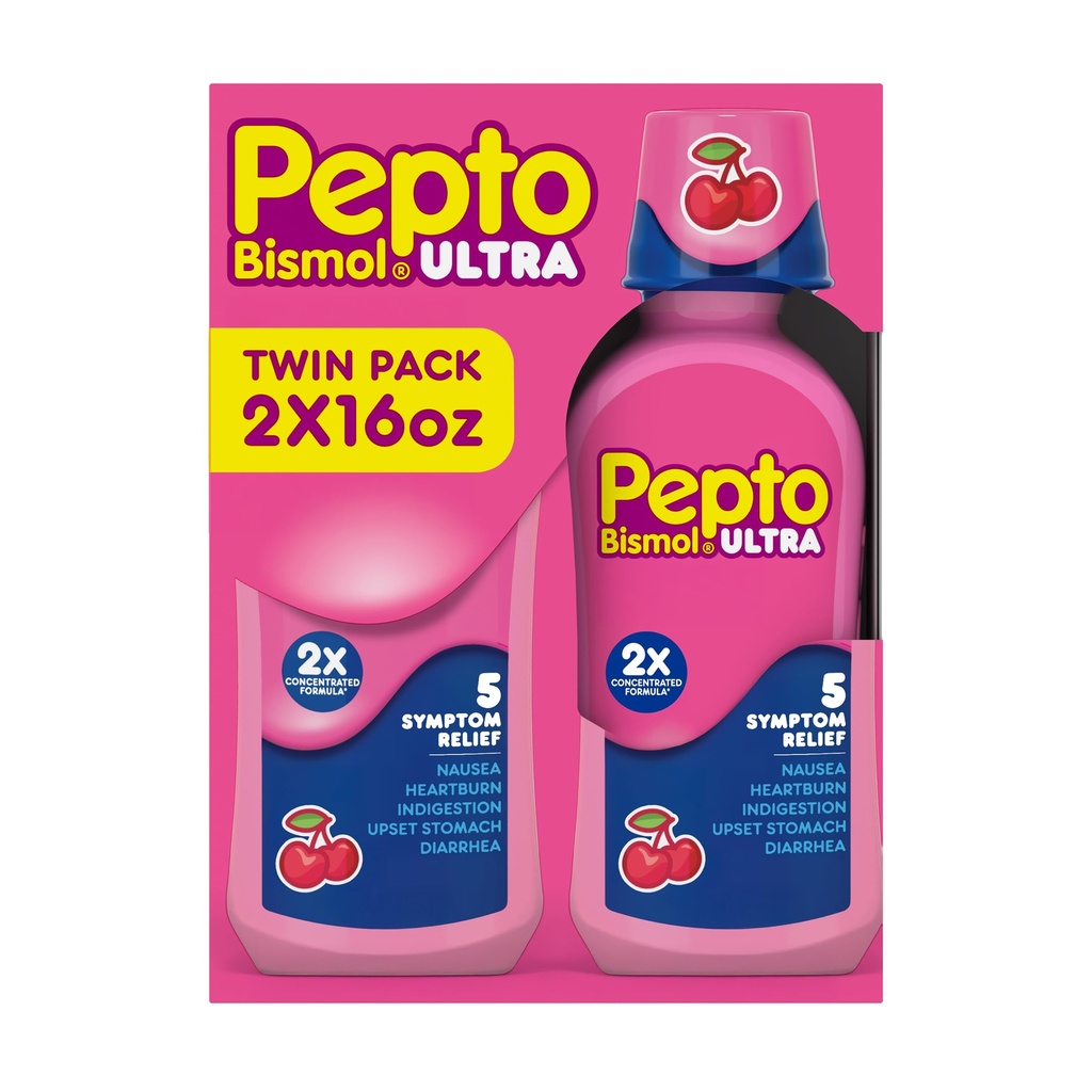 Pepto Bismol Tekutý Ultra na nevoľnosť, pálenie záhy, porucha trávenia, žalúdočné ťažkosti a hnačka - 5 Symptomová rýchla úľava, Cherry Flavor 12 oz (Stock of 3)
