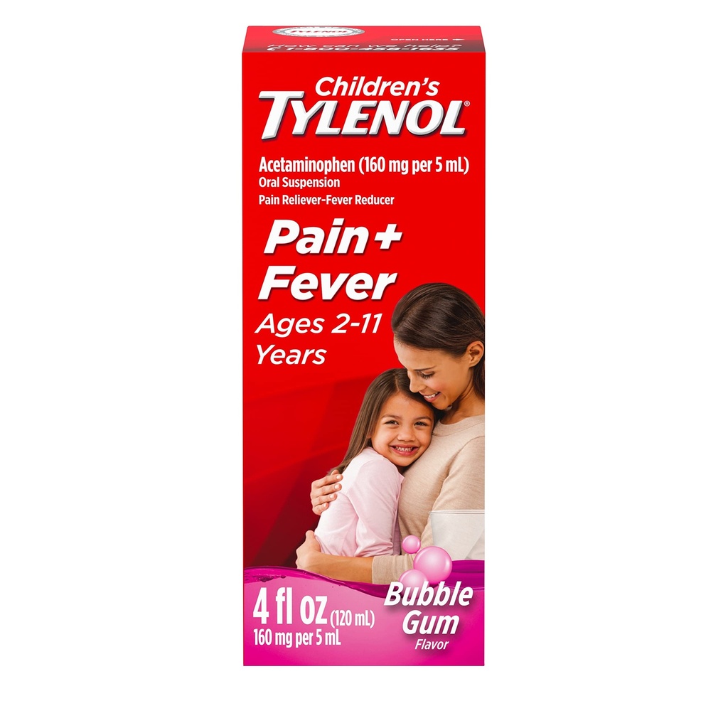 Detský Tylenol Perorálna suspenzia Medicína, Detská Tekutá medicína Bolesť Reliever & Horúčka Redukcia pre chlad + chrípka Príznaky, Aspirín-, Ibuprofen- & Alkohol- Free, Bubble Gum, 4 fl. oz