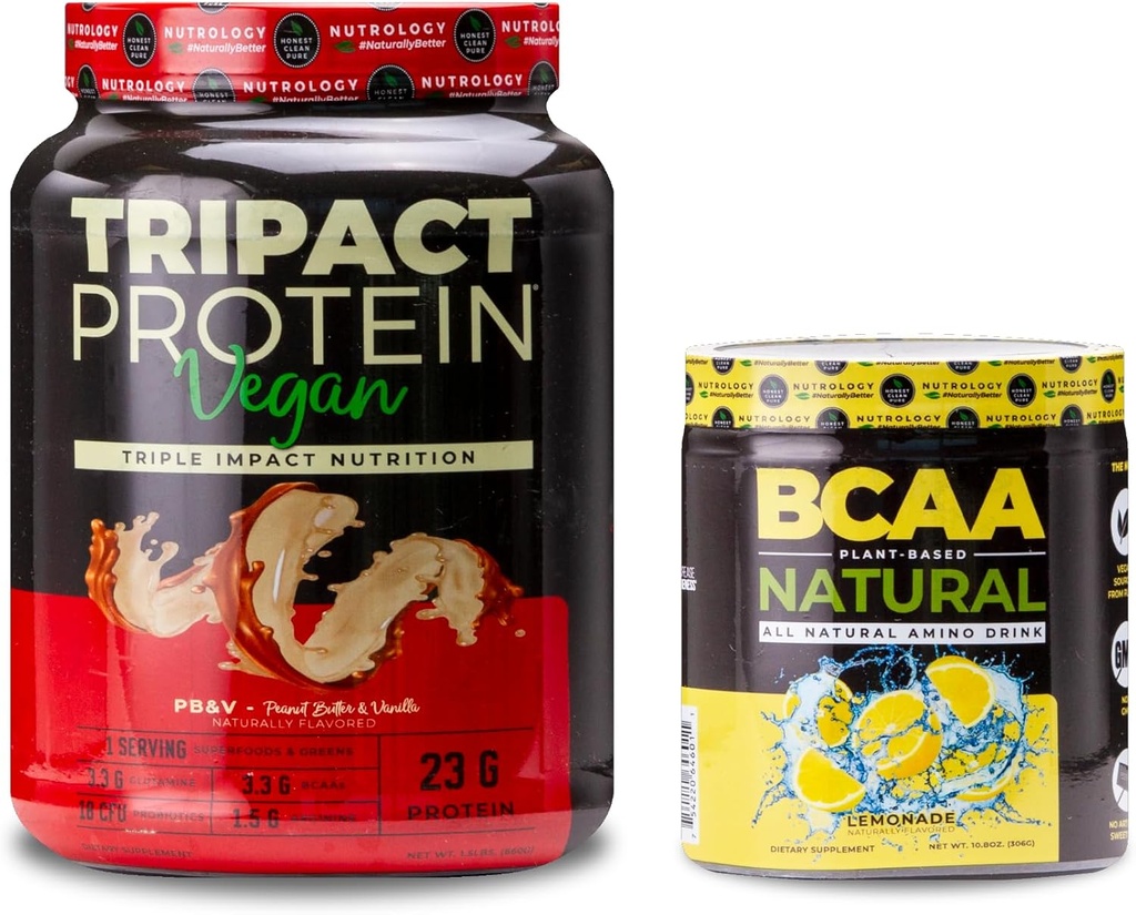 Nutrológia TRIPACT Vegánsky proteín prášok, pre vegánsky proteín Shakes, arašidové maslo Vanilla (20 Servings) BCAA Natural, Plant Based BCAA Powder, Lemonade Flavor (30 Servings)