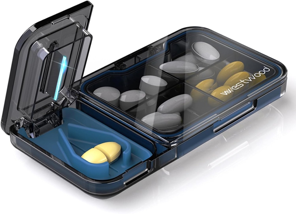 Travel Pill Organizátor s pilulkou Cutter Splitter, 4 Compartments Pill Case, Malá pilulka pre vreckové Purse, Denné pilulky Kontajner držať vitamíny Cod Liver Oil Doplnky, Medicine Planner (čierna)