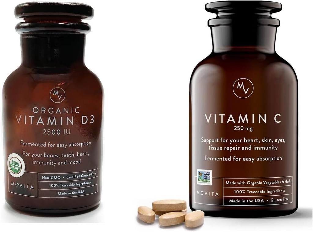 Movita Organic Vitamín D3 2500IU, fľaša Fermentovaný vitamín C 250mg fľaša