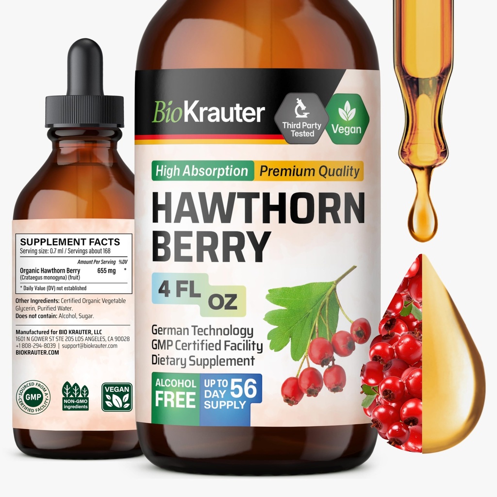BIO KRAUTER Hawthorn Berry Extract Tinture - Natural Hawthorne Berry Supplement - 100% Pure Formula - Vegan Sugar & Alcohol Free - 4 Fl. Oz. - 56 Deň dodávky