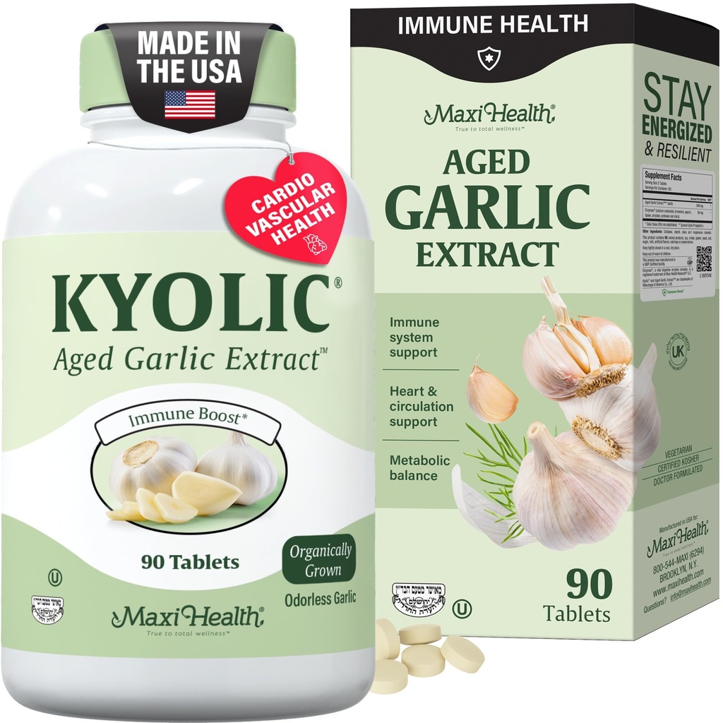 Maxi Health Kyolický organický cesnak doplnok - Košer Cesnak Tablety s kyolický Aged Cesnak extrakt pre imunitnú podporu - Vegetariánske Cesnakové pilulky (90 Počet)