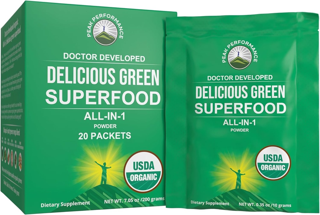 Peak Performance Organic Greens Superfood Powder Single Serve Travel Pakets. Najlepšie ochutnávka organické zelená šťava Super jedlo s 25+ Všetky prírodné zložky pre Max Energy. (20 balenie)