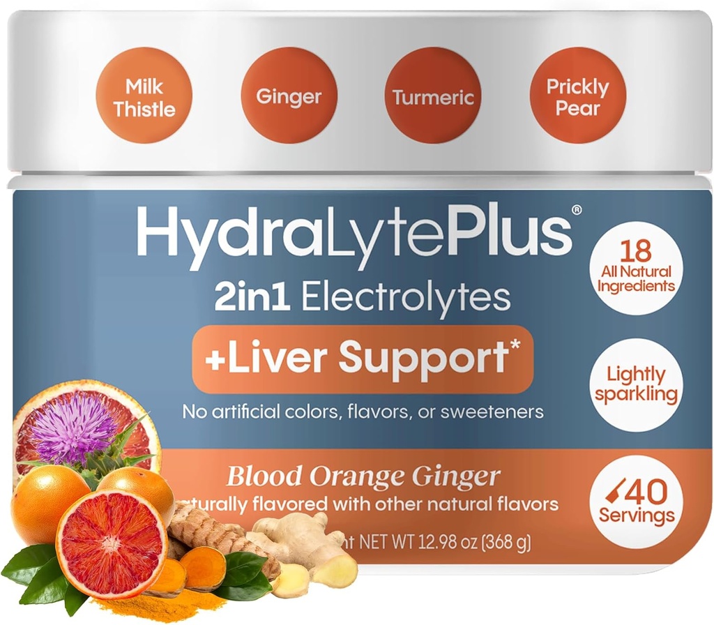 Hydralyte Pečeň Podpora + Elektrolyte Mix s mliekom bodliak, kurkuma, zázvor, tehlový pear, zelený čaj extrakt formulovaný pre rýchlu rehydratáciu, (Blood Orange Ginger, 40 Serve Tub)