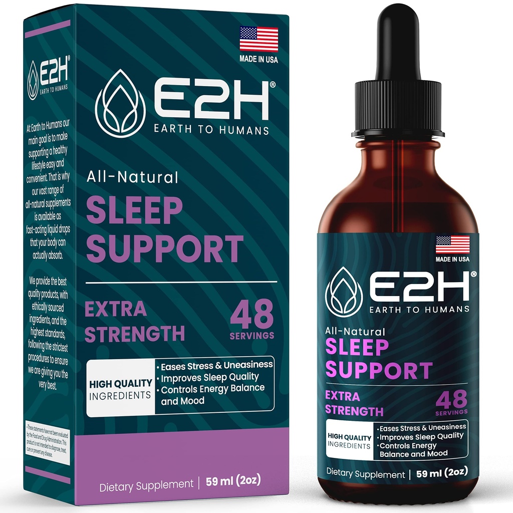 E2H Natural Sleep Support - Tekutý melatonín s harmančekom, Theanine - Sleep Better, Deeper, longer - Vegan, GMO-free - Poskytuje úľavu od stresu - 2 Fl Oz