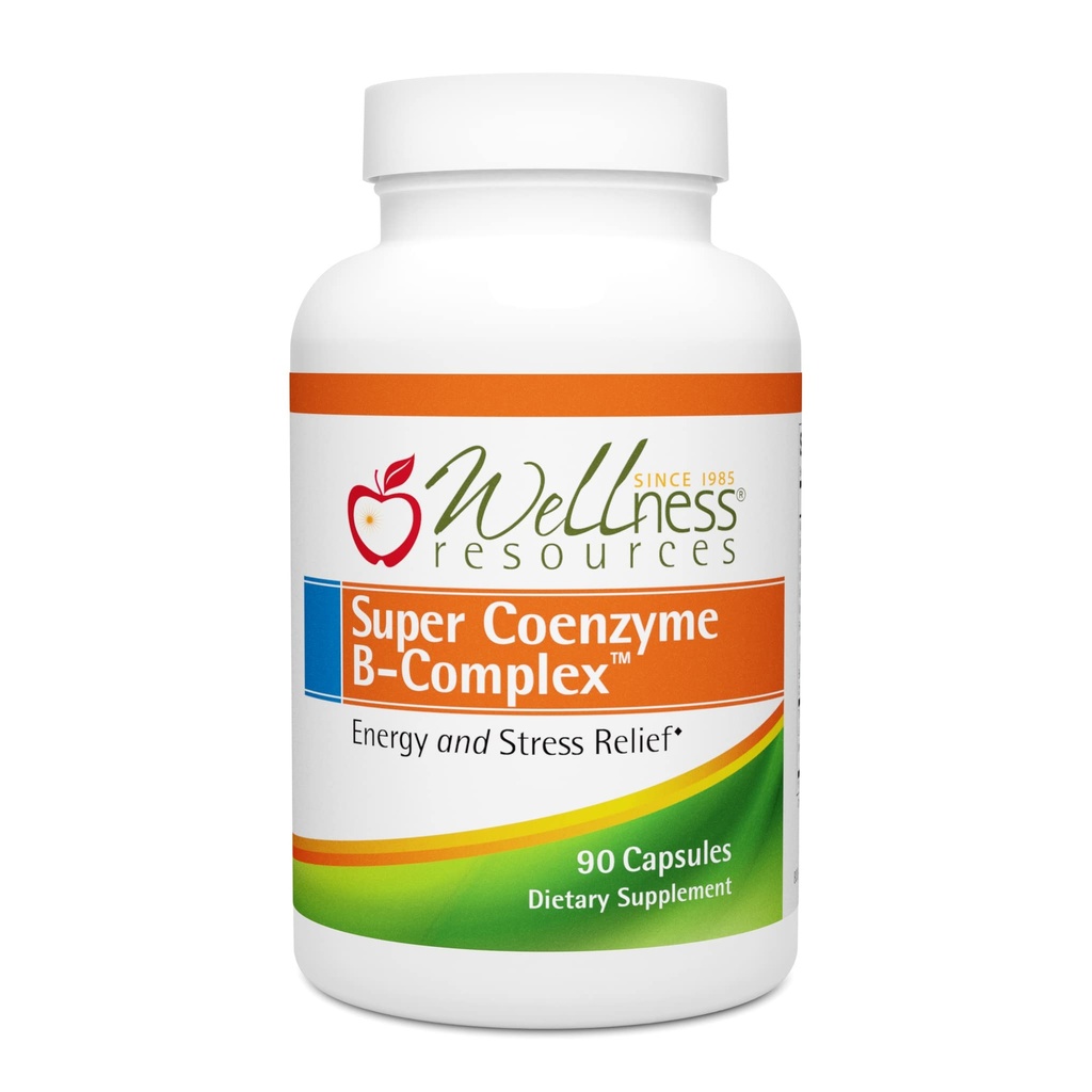 Wellness Resources Super Coenzým B Complex - 90 Kapsule - Vitamín B12, Vitamín B komplex pre rast vlasov, Adrenal Support & Stres Relief - Metylated B12, Folát, Biotin, Riboflavín, Tiamín
