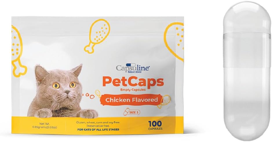 Capsuline PetCaps Size 3 prázdne želatínové kapsule pre mačky všetkých fáz života, kuracie Ochutené - 100 gróf