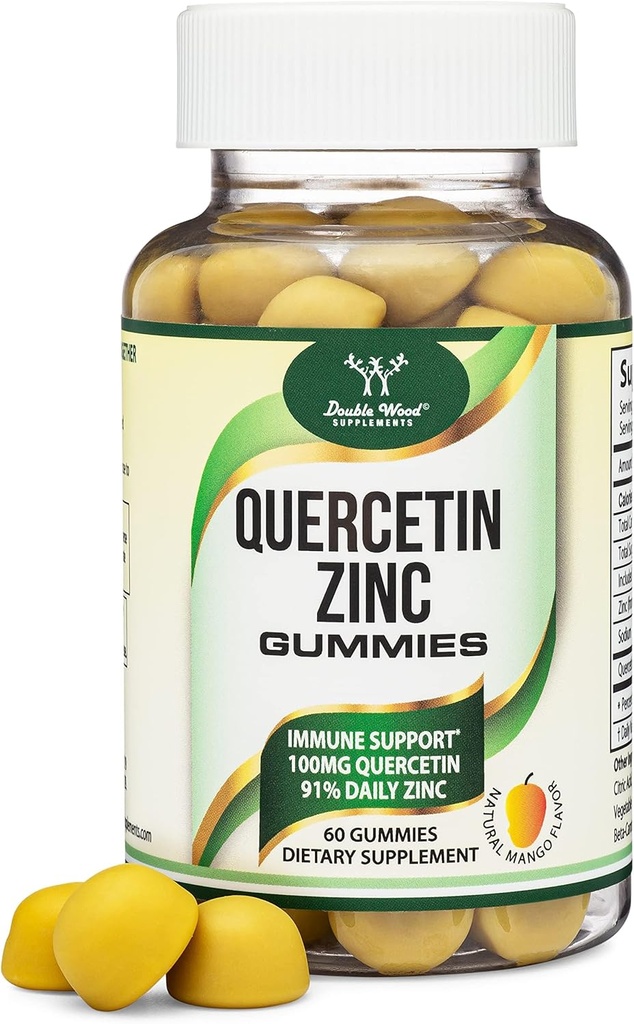 Quercetin Gummies s zinkom (100 mg Quercetinu a 91% denného zinku na porciu) 60 Mango Ochutené Chewable Immune Support Gumies for Adults and Kids (Non-GMO a Gluten Free) by Double Wood