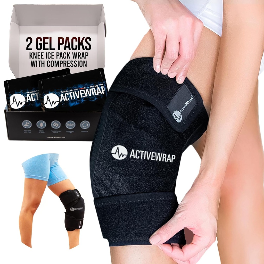 ActiveWrap - Koleno Ice Pack Zabaľte s kompresiou, 2 opakovane použiteľné gélové tepelné a studené balenia pre bolesti kolena, boľavé nohy a Shin Splins. Flexibilný studený opasok pre zranenia a opuch kontroly a spoločnú podporu - jedna veľkosť najviac vyhovuje
