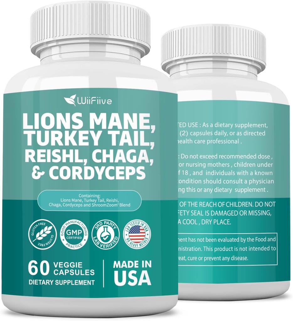 Lions Mane 3000mg Turkey chvost 3000mg Reishl 1000mg Chaga 1000mg Cordyceps prášok extrakt obsahujúci Maitaake Shiitake Black Fungus, Brain Supplement, Minerálne doplnky, 60 Kapsule