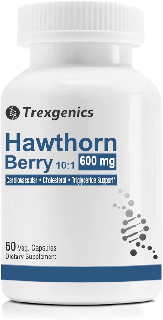 Trexgenics Hawthorn Berry 600 mg Cardiovascular, Cholesterol, triglycerides, Blood Pressure Support Vegan & Non-GMO (60 Veg. Capsules) (Pack of 1)