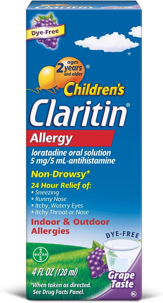 Claritin Detský 2 hodiny Nedrása Alergický perorálny roztok 5 mg/ 5 ml, Hrozno 4 Fl Oz