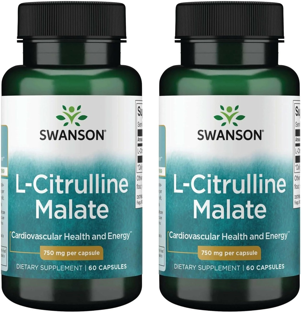 Swanson L-Citrulínmalát - Aminokyselinový doplnok podporujúci výrobu energie a zdravý krvný obeh - Natural Formula Supporting Celková Wellness - (60 kapsúl, 750 mg každý) (2 balenia)