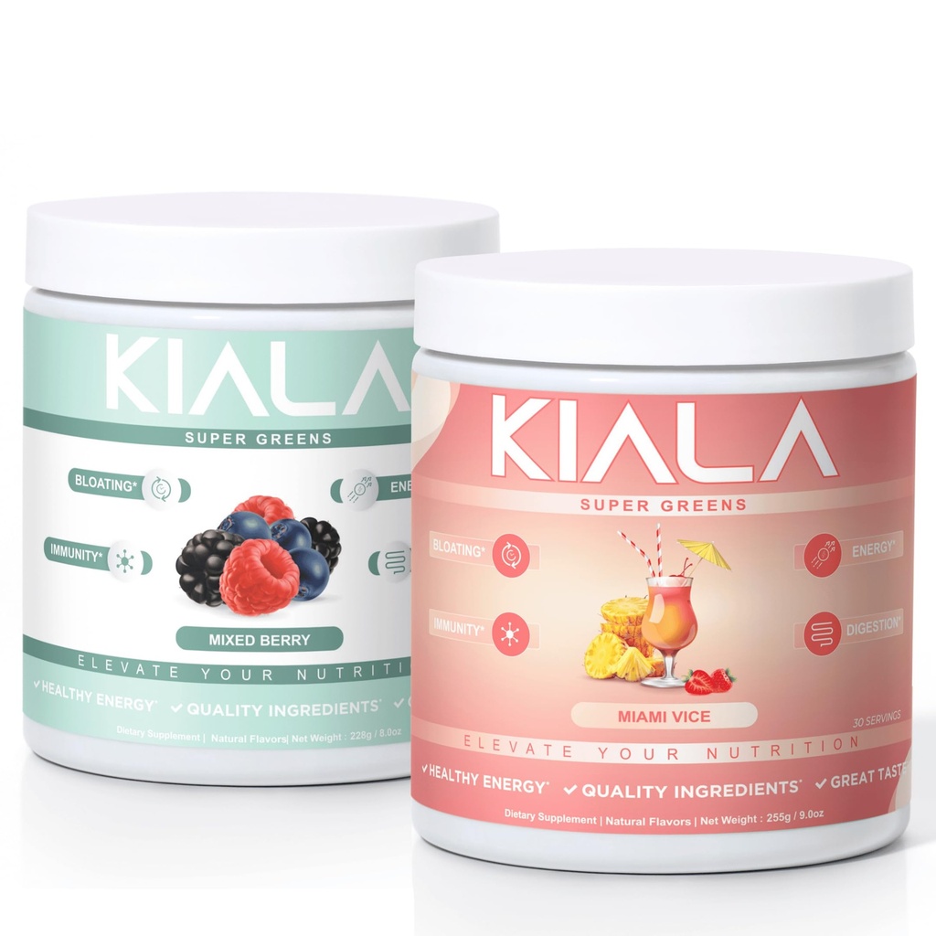 Kiala Nutrition Super Greens, Organic Greens Powder, Spirulina & Chlorella Superfood Powder, Sugar & Gluten Free Vegan, Spectra Blend, Mixed Berry & Miami Vice, 2 balenie