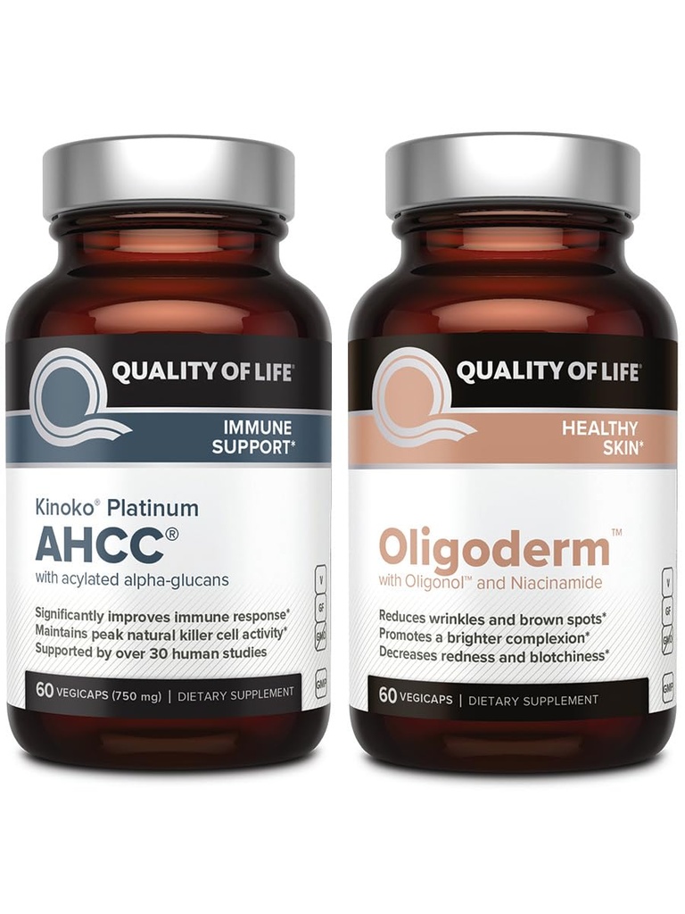 Kvalita života Kinoko Platinum AHCC Mushrom Extract a Oligoderm s Oligonol Lychee extrakt - Immune Support Skin Health Bundle